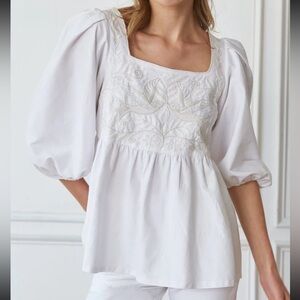 Mi Golondrina Maya Blanca Embroidered Puff Sleeve Blouse in white size XS